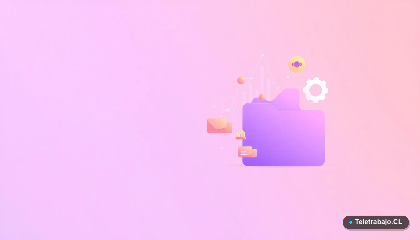 Composición abstracta de interfaz de usuario con gráficos flotantes y engranajes en tonos lavanda y durazno, sobre fondo degradado, representando conceptos de tecnología y liderazgo.