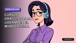 Ilustración plana vectorial de una mujer profesional trabajando de forma remota, con fondo degradado lavanda y espacio negativo a la izquierda, representando cursos SENCE 2026.