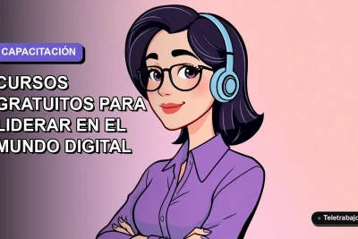Ilustración plana vectorial de una mujer profesional trabajando de forma remota, con fondo degradado lavanda y espacio negativo a la izquierda, representando cursos SENCE 2026.