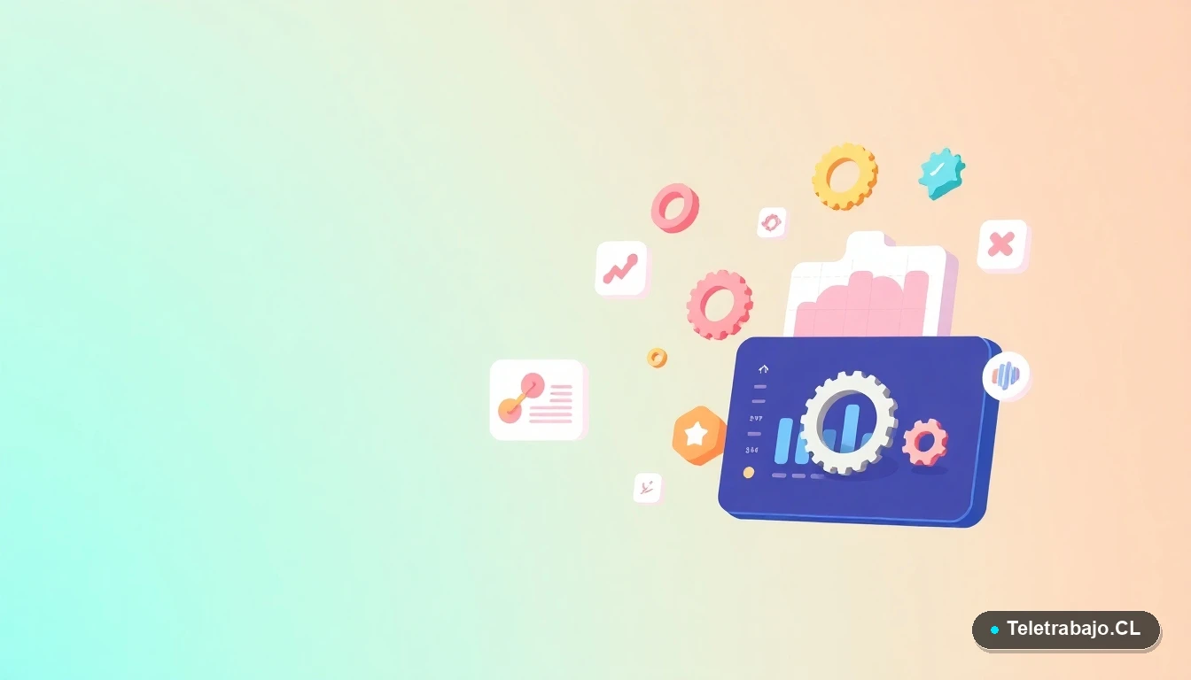 Composición abstracta de interfaz de usuario tecnológica con gráficos y iconos flotantes, en estilo vectorial plano, sobre fondo degradado de menta a verde azulado.