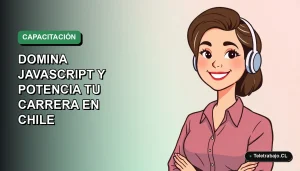 Ilustración vectorial plana de una mujer profesional chilena sonriendo, con fondo degradado verde, representando cursos SENCE de programación JavaScript para 2026.