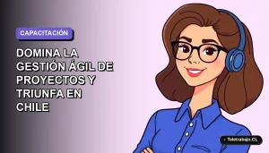 Ilustración vectorial plana de una mujer profesional chilena con blusa azul y lentes, sonriendo, sobre un fondo degradado lavanda suave. Representa formación en gestión ágil de proyectos SENCE.
