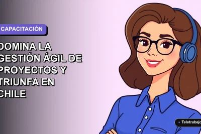 Ilustración vectorial plana de una mujer profesional chilena con blusa azul y lentes, sonriendo, sobre un fondo degradado lavanda suave. Representa formación en gestión ágil de proyectos SENCE.