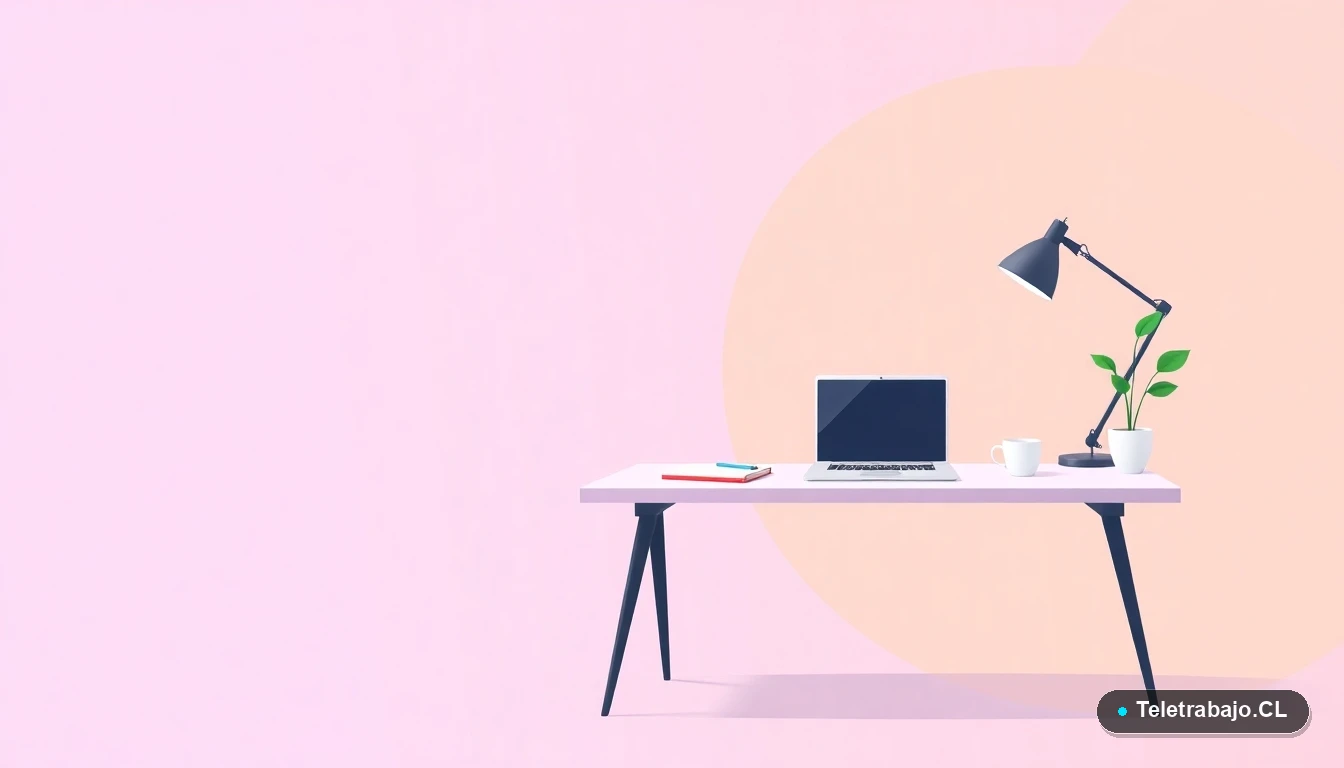 Escritorio moderno minimalista con laptop, cuaderno, taza de café y planta, sobre fondo degradado lavanda y durazno. Ilustración plana que representa un espacio de trabajo ágil y productivo.