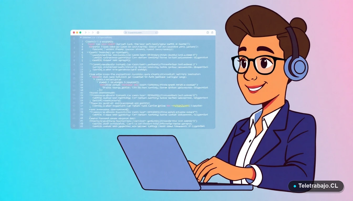 Profesional chileno utilizando un portátil con código JavaScript, ilustración plana moderna sobre formación SENCE para movilidad laboral IT.