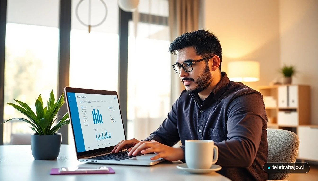 Profesional chileno en teletrabajo consultando el portal SENCE 2026 para formación en habilidades digitales.