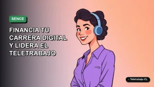 Ilustración plana vectorial de una mujer profesional de teletrabajo sonriendo, con fondo degradado verde y azul. Representa formación SENCE 2026 para carreras digitales.