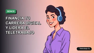 Ilustración plana vectorial de una mujer profesional de teletrabajo sonriendo, con fondo degradado verde y azul. Representa formación SENCE 2026 para carreras digitales.