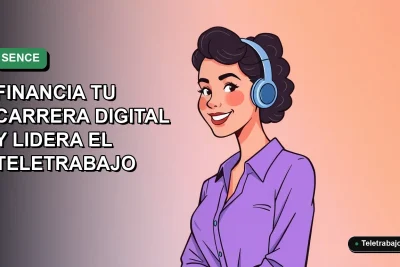 Ilustración plana vectorial de una mujer profesional de teletrabajo sonriendo, con fondo degradado verde y azul. Representa formación SENCE 2026 para carreras digitales.