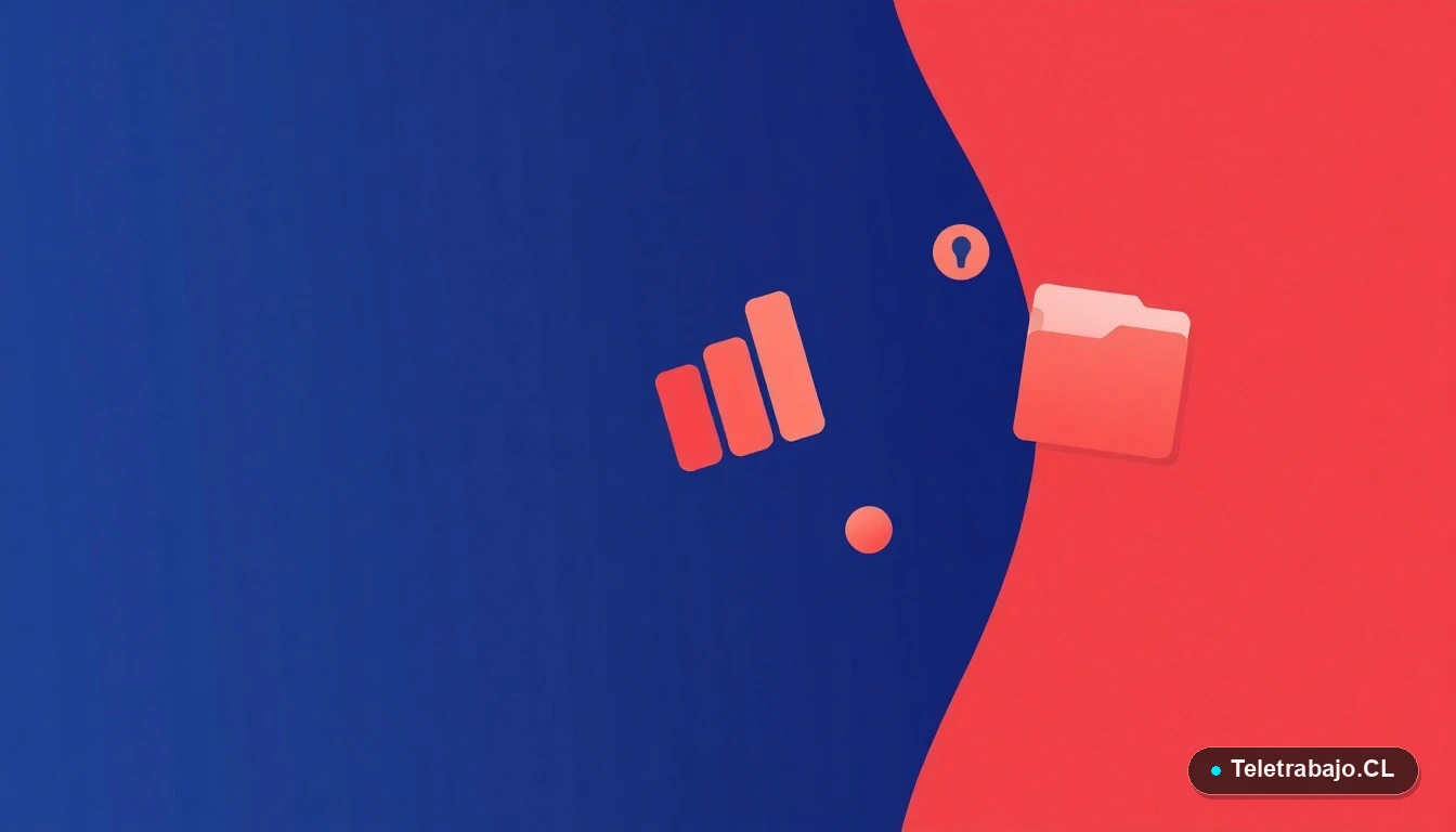 Ilustración abstracta de interfaz tecnológica con gráficos y iconos flotantes, sobre fondo degradado lila y durazno, representando habilidades digitales para teletrabajo.