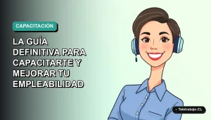 Ilustración plana corporativa de una mujer profesional chilena sonriente, con blusa azul y corte de pelo moderno, sobre fondo degradado verde menta. Representa capacitación y empleabilidad.