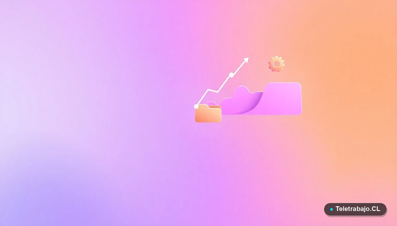 Elementos de interfaz de usuario abstractos y modernos, como gráficos, engranajes y carpetas flotantes en tonos lavanda y durazno, sobre fondo degradado. Concepto de tecnología y formación profesional.