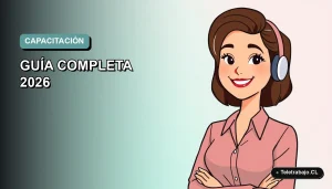 Ilustración plana de mujer profesional con laptop sonriendo, fondo gradiente suave azul verdoso, concepto de formación SENCE para cuidadores.