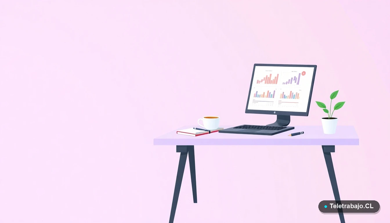 Escritorio moderno con laptop, gráficos, café y planta, ilustración plana con fondo gradiente lila, representando capacitación digital para cuidadores.