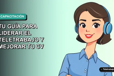 Ilustración plana corporativa de una mujer profesional de teletrabajo con blusa azul, sobre fondo degradado verde azulado. Representa formación SENCE 2026.