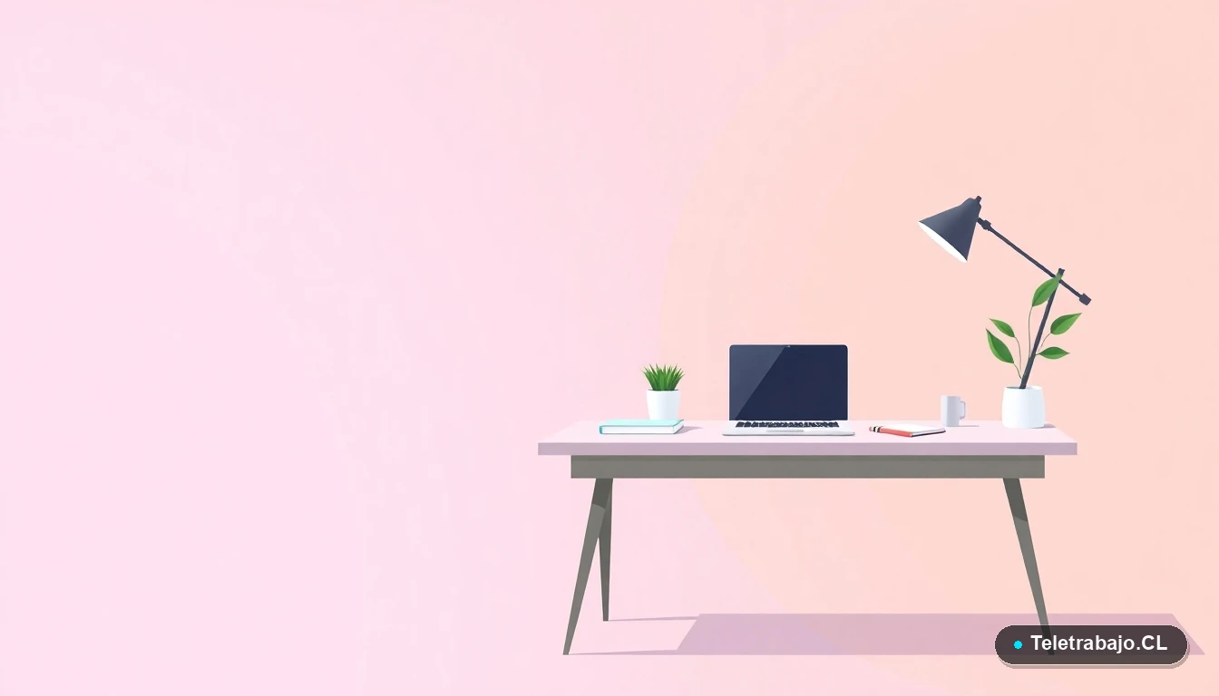 Escritorio moderno minimalista para teletrabajo con laptop y planta, ilustración plana sobre fondo degradado lavanda y durazno. Representa un espacio de trabajo profesional remoto.