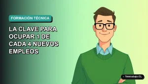 Ilustración plana vectorial de un trabajador técnico masculino con suéter verde, sobre un fondo degradado azul y verde, representando la formación profesional en Chile.