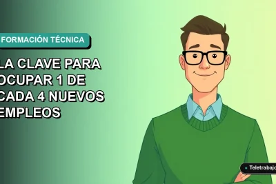 Ilustración plana vectorial de un trabajador técnico masculino con suéter verde, sobre un fondo degradado azul y verde, representando la formación profesional en Chile.