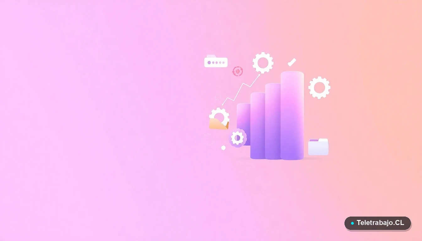 Composición abstracta de interfaz de usuario con gráficos, engranajes y carpetas flotantes en tonos lavanda y durazno, sobre fondo degradado, simbolizando habilidades técnicas digitales.