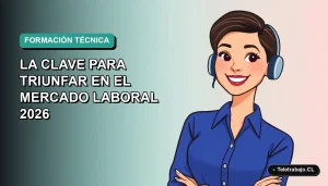 Ilustración plana corporativa de una mujer profesional chilena sonriente, con blusa azul y corte de pelo moderno, sobre un fondo degradado suave de color verde azulado. Representa el éxito laboral futuro.