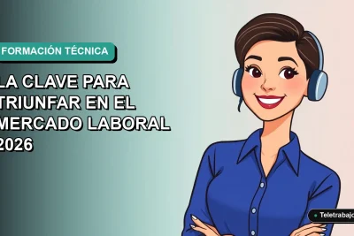 Ilustración plana corporativa de una mujer profesional chilena sonriente, con blusa azul y corte de pelo moderno, sobre un fondo degradado suave de color verde azulado. Representa el éxito laboral futuro.