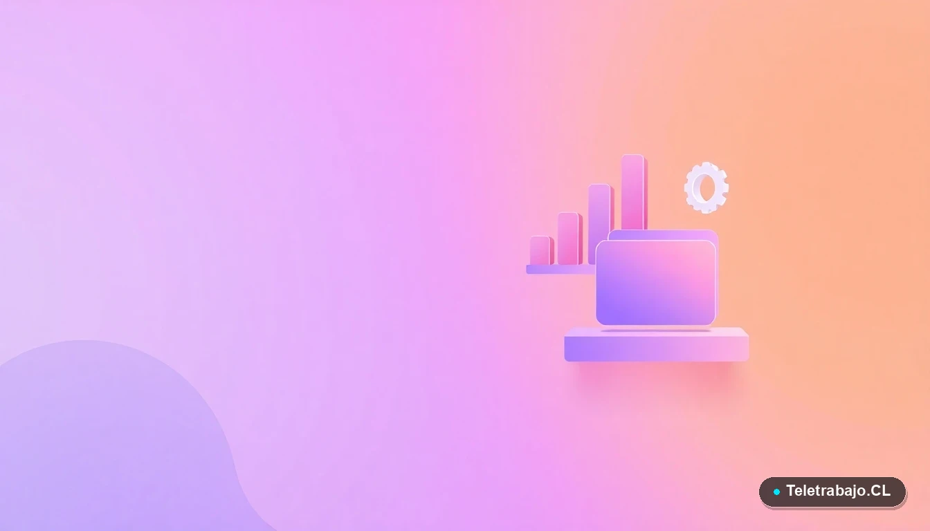 Ilustración abstracta de elementos de tecnología e interfaz de usuario, con gráficos y engranajes flotantes en colores lavanda y durazno, sobre un fondo degradado vibrante. Concepto de innovación y datos.