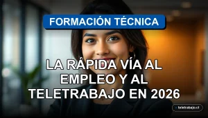 Estudiante de formación técnica en Chile sonriendo con confianza, con fondo de oficina moderna desenfocada.