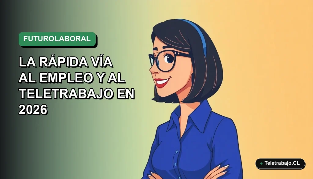 Ilustración plana de mujer profesional chilena sonriente, con blusa azul, trabajando de forma remota desde su casa, fondo con gradiente suave de verde esmeralda.