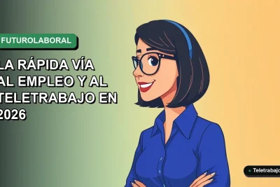 Ilustración plana de mujer profesional chilena sonriente, con blusa azul, trabajando de forma remota desde su casa, fondo con gradiente suave de verde esmeralda.