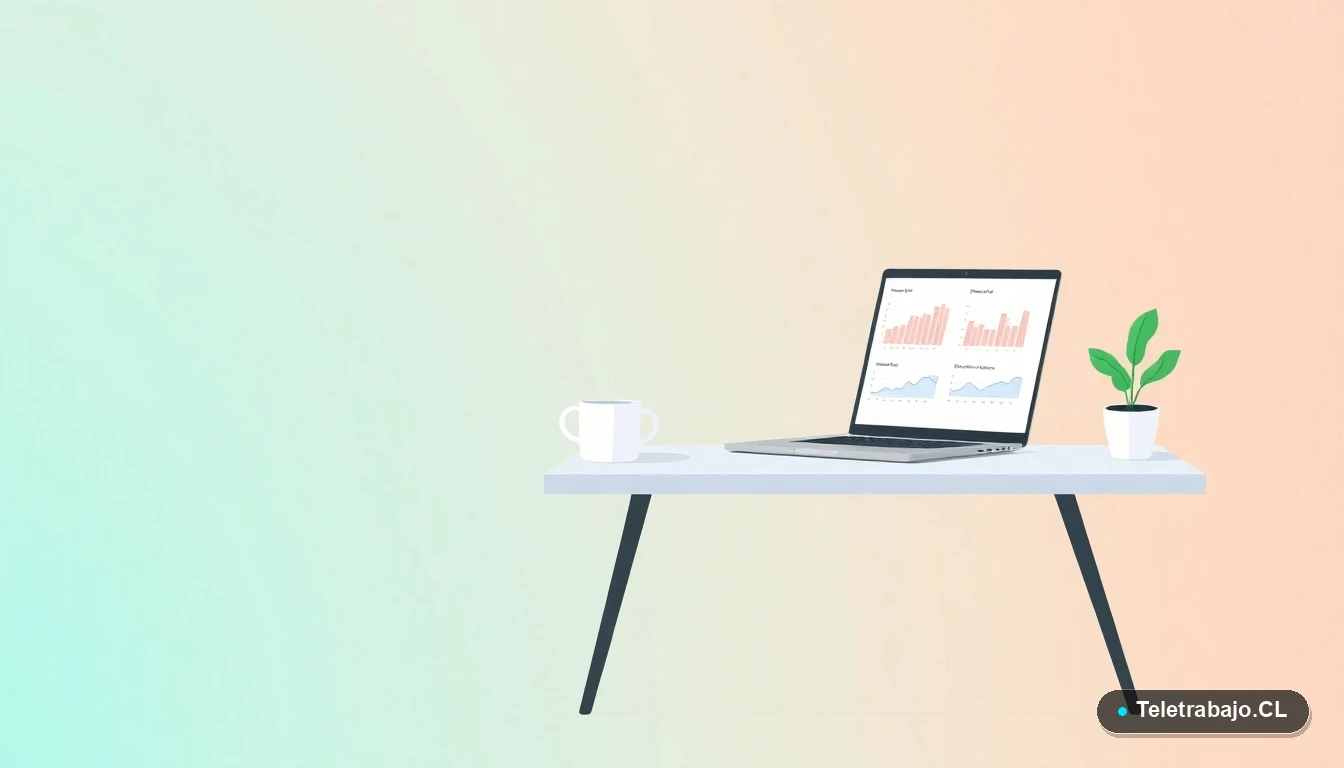 Escritorio moderno minimalista para teletrabajo, con laptop, taza de café y planta, sobre fondo con gradiente de colores verde menta y azul teal.