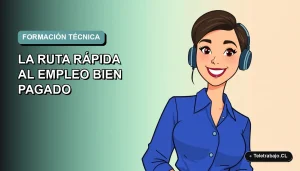 Ilustración vectorial plana de una mujer profesional chilena sonriente, con blusa azul y corte de pelo moderno, sobre fondo degradado suave. Representa el éxito laboral tras una formación técnica.