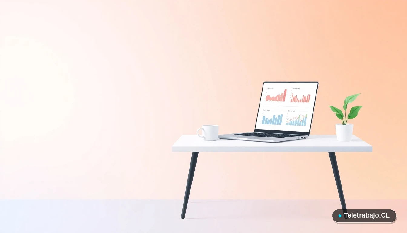 Escritorio moderno minimalista con laptop, taza de café y planta, sobre fondo degradado lavanda y durazno. Representa un espacio de trabajo productivo y actualizado para profesionales técnicos.