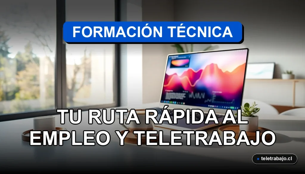 Estudiante de formación técnica en Chile trabajando desde su moderna oficina en casa con laptop y gráficos en pantalla.