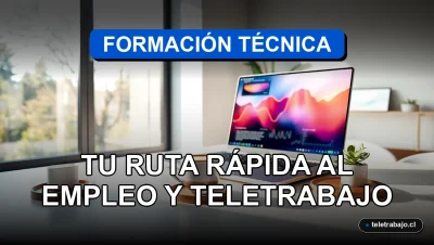 Estudiante de formación técnica en Chile trabajando desde su moderna oficina en casa con laptop y gráficos en pantalla.