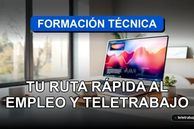 Estudiante de formación técnica en Chile trabajando desde su moderna oficina en casa con laptop y gráficos en pantalla.