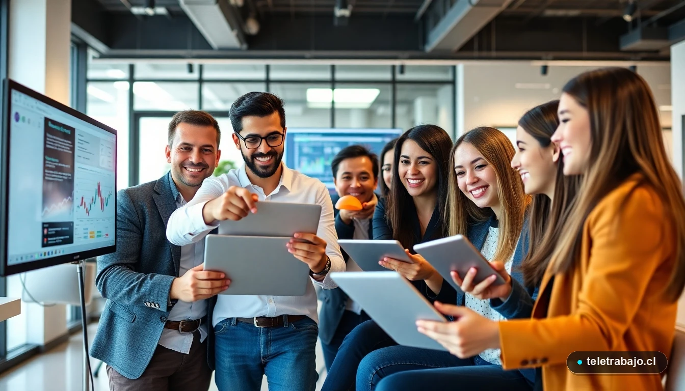 Jóvenes profesionales chilenos colaborando en un proyecto digital mediante formación técnica para teletrabajo