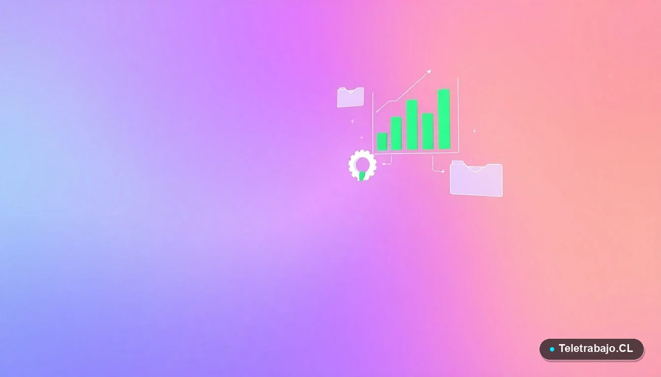 Elementos de interfaz de usuario abstractos y minimalistas: gráficos de barras, un engranaje y una carpeta, sobre un fondo con degradado lavanda y durazno.