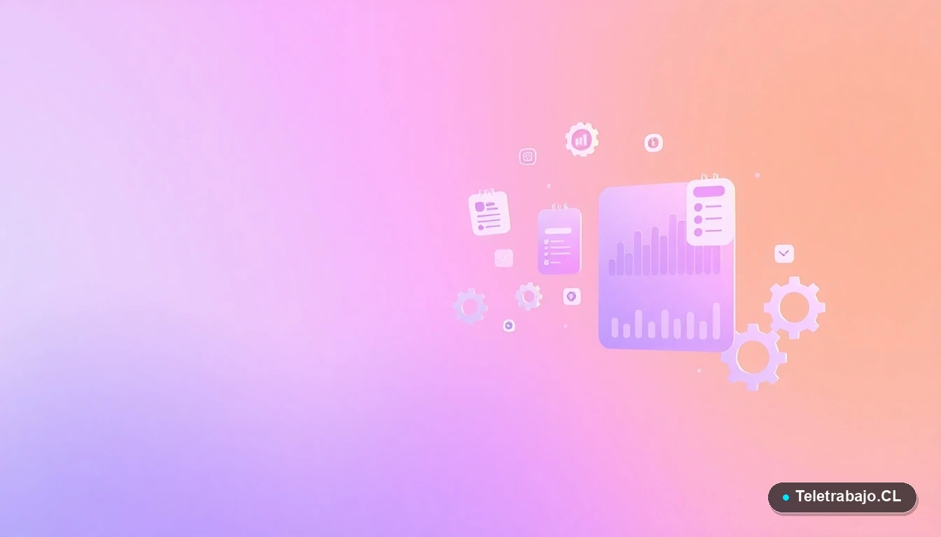 Composición abstracta de interfaz de usuario con gráficos flotantes, engranajes e iconos de calendario en estilo vectorial plano, sobre fondo degradado lavanda.