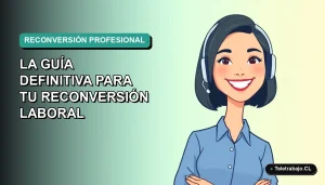 Ilustración plana vectorial de una mujer profesional chilena sonriente, con blusa azul y corte de pelo bob, representando el estudio online y la reconversión laboral, sobre fondo degradado verde azulado.