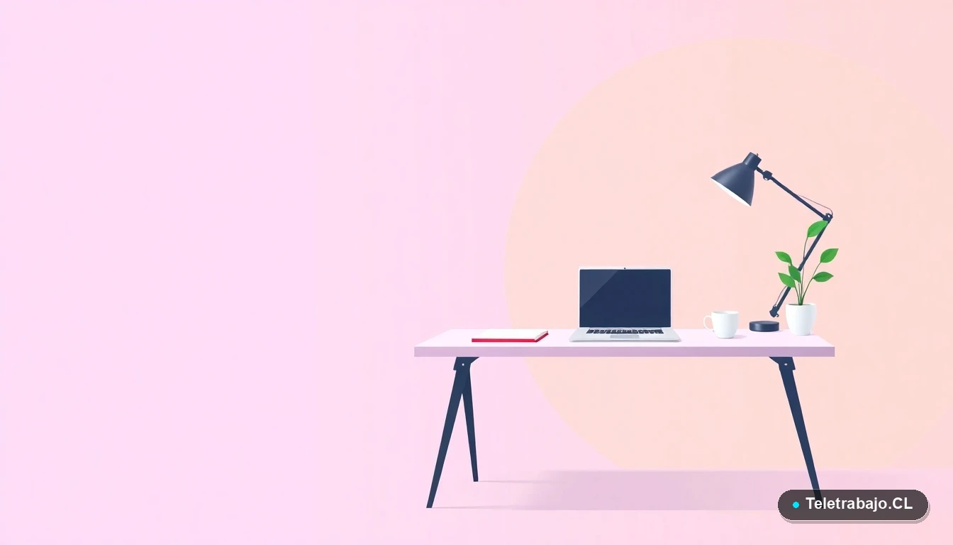 Escritorio moderno minimalista para teletrabajo, con laptop, cuaderno, taza de café y planta, sobre fondo degradado lavanda y durazno, representando un espacio de estudio online ideal.