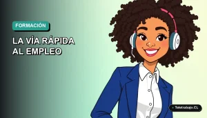 Ilustración plana vectorial de una mujer joven profesional sonriente, con camisa blanca y chaqueta azul, sobre fondo degradado verde azulado. Representa el éxito laboral tras estudiar Formación Profesional en España.