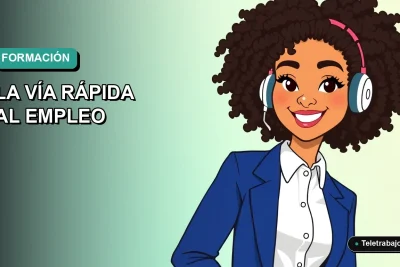 Ilustración plana vectorial de una mujer joven profesional sonriente, con camisa blanca y chaqueta azul, sobre fondo degradado verde azulado. Representa el éxito laboral tras estudiar Formación Profesional en España.