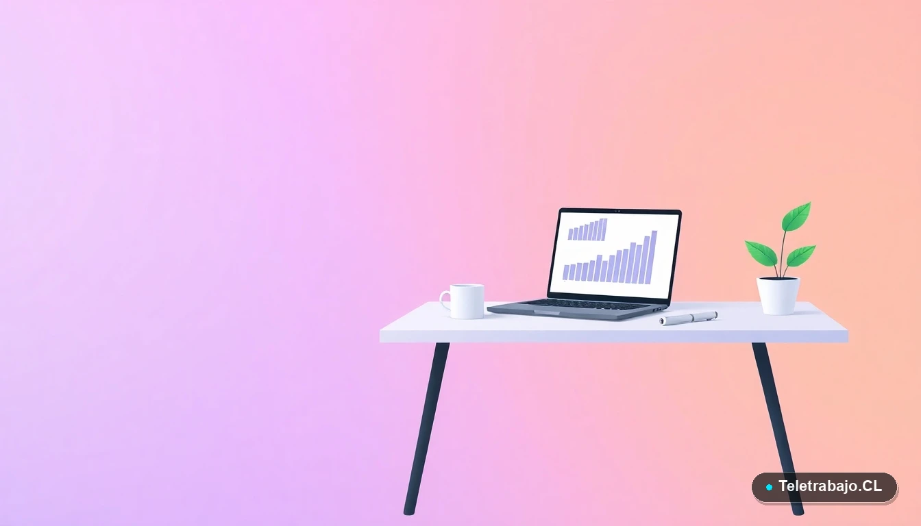 Ilustración vectorial de un escritorio moderno vacío con laptop, taza de café y una planta, sobre fondo degradado lavanda y durazno. Simboliza el espacio de trabajo listo para el profesional formado en FP.