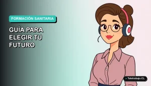 Ilustración plana vectorial de una mujer profesional de la salud, estilo Corporate Memphis, sobre fondo degradado azul verdoso, para guía de carreras sanitarias en Chile 2026.