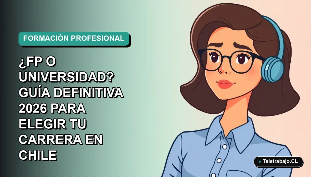 Ilustración plana vectorial estilo Corporate Memphis de una mujer profesional chilena con blusa azul y lentes, sobre fondo degradado verde azulado, representando la elección de carrera entre educación técnica y universitaria.