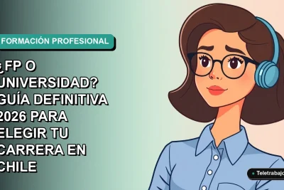 Ilustración plana vectorial estilo Corporate Memphis de una mujer profesional chilena con blusa azul y lentes, sobre fondo degradado verde azulado, representando la elección de carrera entre educación técnica y universitaria.