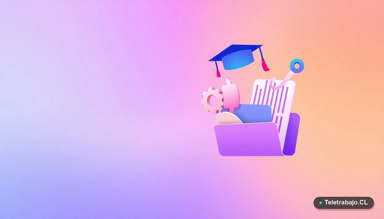 Composición abstracta de iconos de interfaz de usuario minimalistas en estilo vectorial plano, que incluye un capelo, un engranaje, un gráfico de crecimiento y una carpeta, sobre fondo degradado lila y durazno.