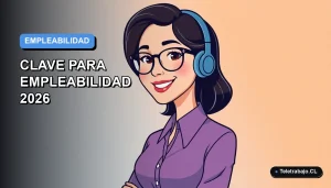 Ilustración plana corporativa de una mujer profesional de teletrabajo sonriente, con fondo degradado azul y naranja suave. Espacio negativo a la izquierda.