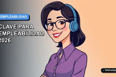 Ilustración plana corporativa de una mujer profesional de teletrabajo sonriente, con fondo degradado azul y naranja suave. Espacio negativo a la izquierda.