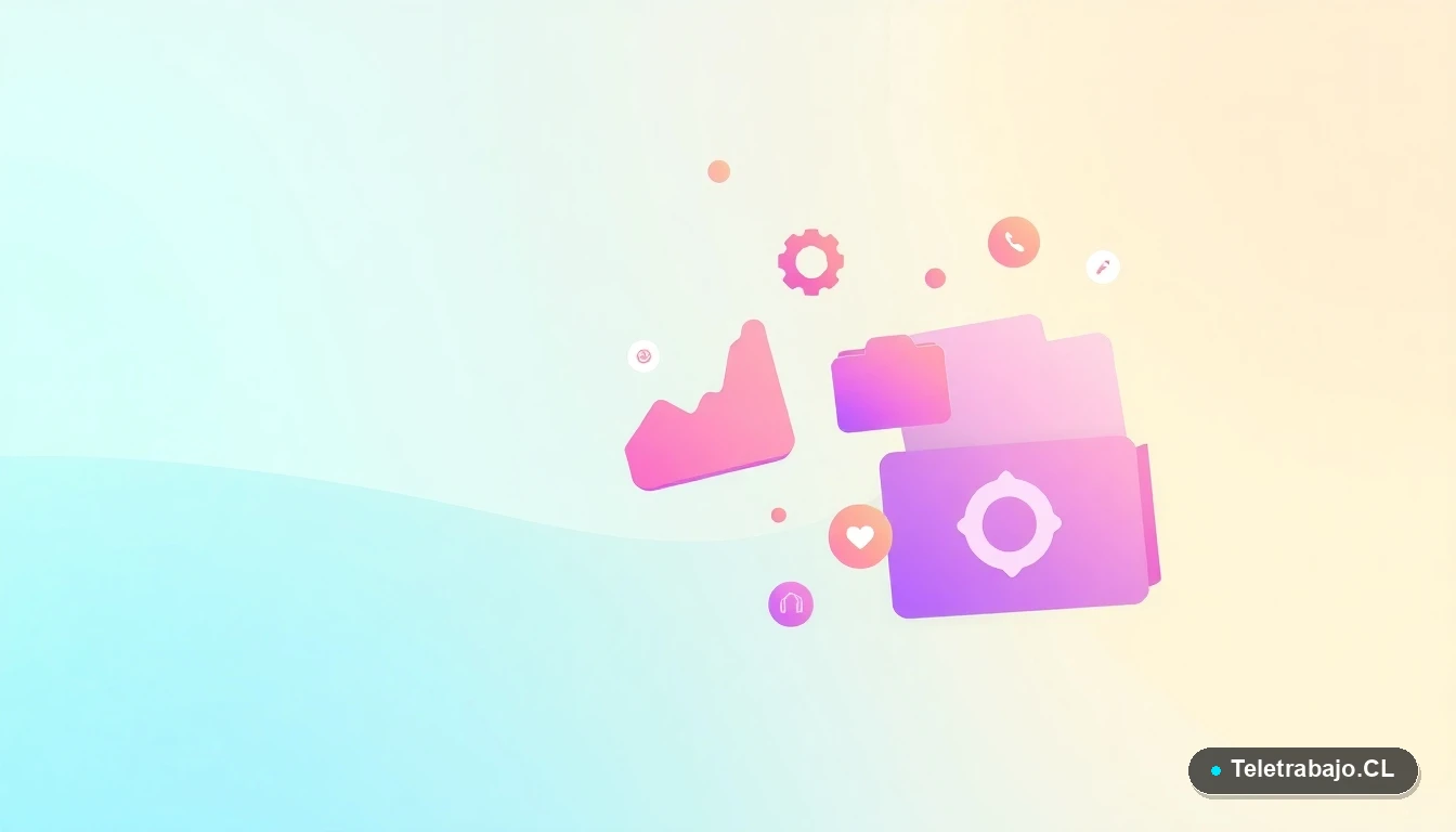 Composición abstracta de interfaz de usuario tecnológica con gráficos y iconos flotantes en tonos lavanda y durazno, sobre fondo degradado de menta.